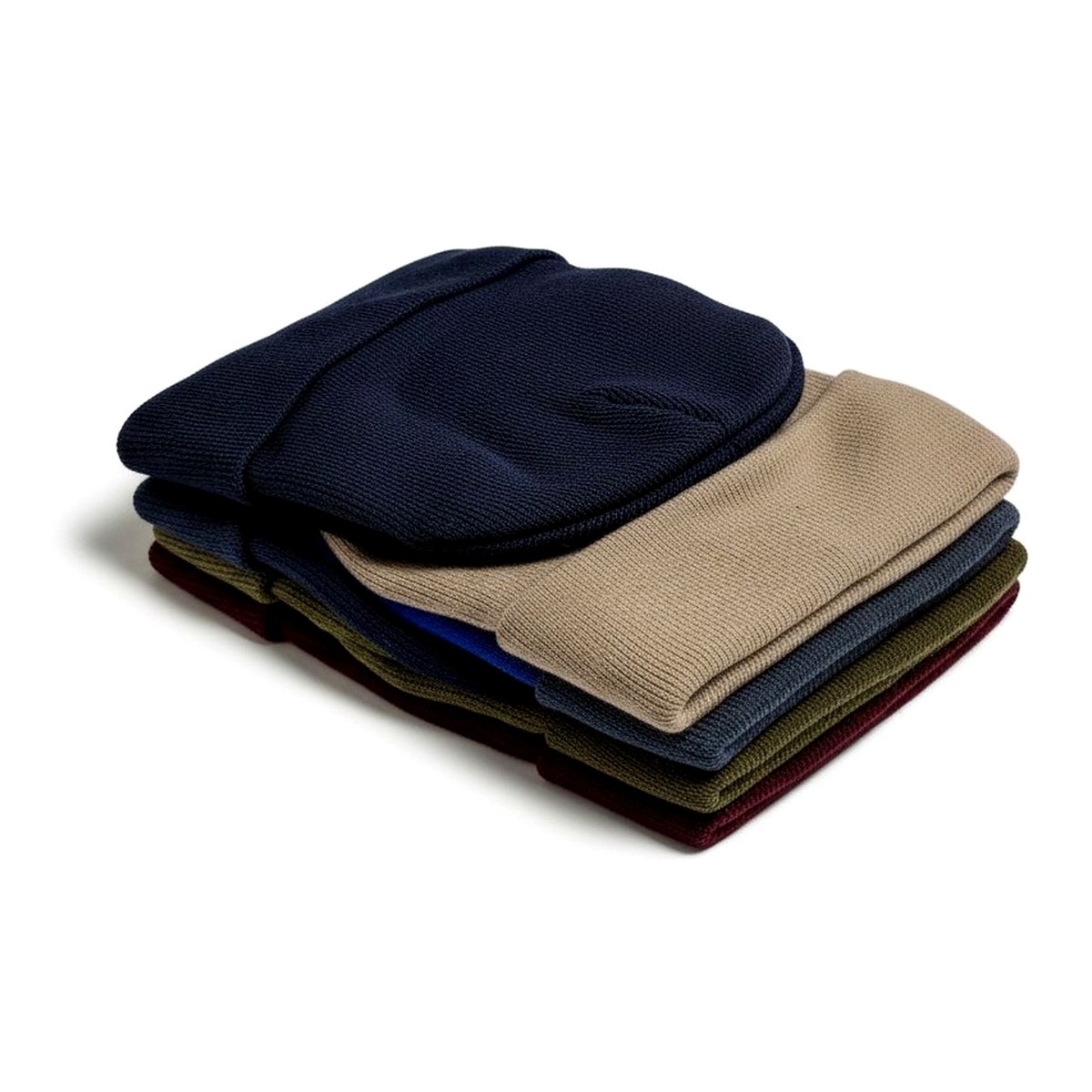 Stack of knit beanies in navy, tan, gray, olive and maroon