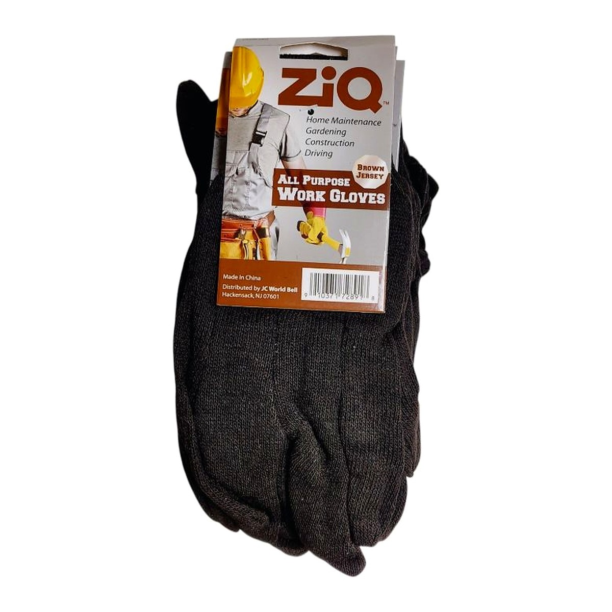 ZIQ all-purpose brown jersey work gloves on a retail hang card
