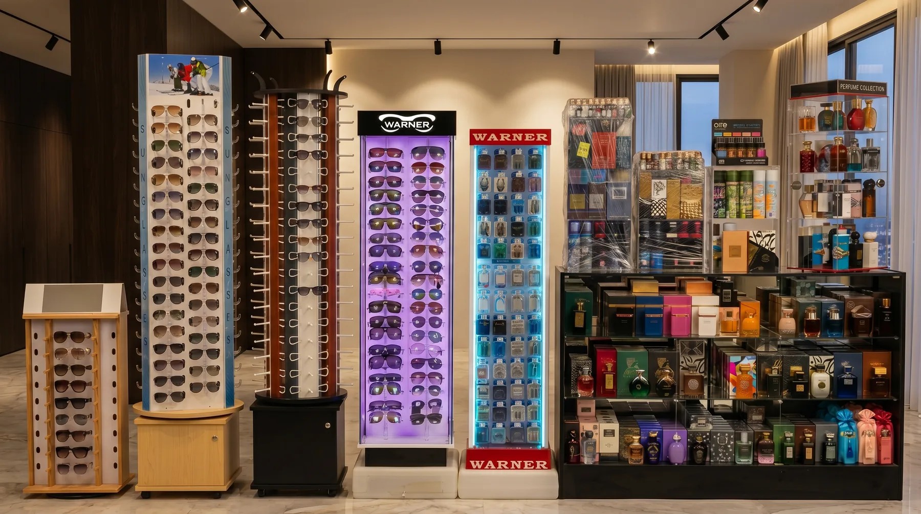 Warner showroom with sunglasses towers and a fragrance case, the kind of add-on displays that help grow inside sales