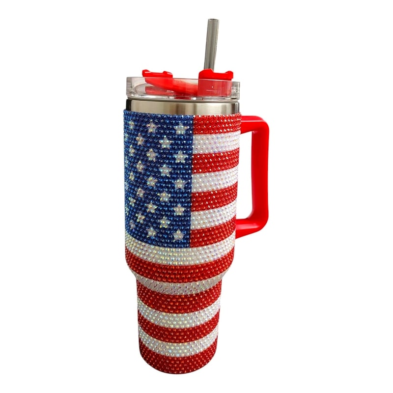 40oz Bottle Rhinostone Bling Tumbler Flag -A03