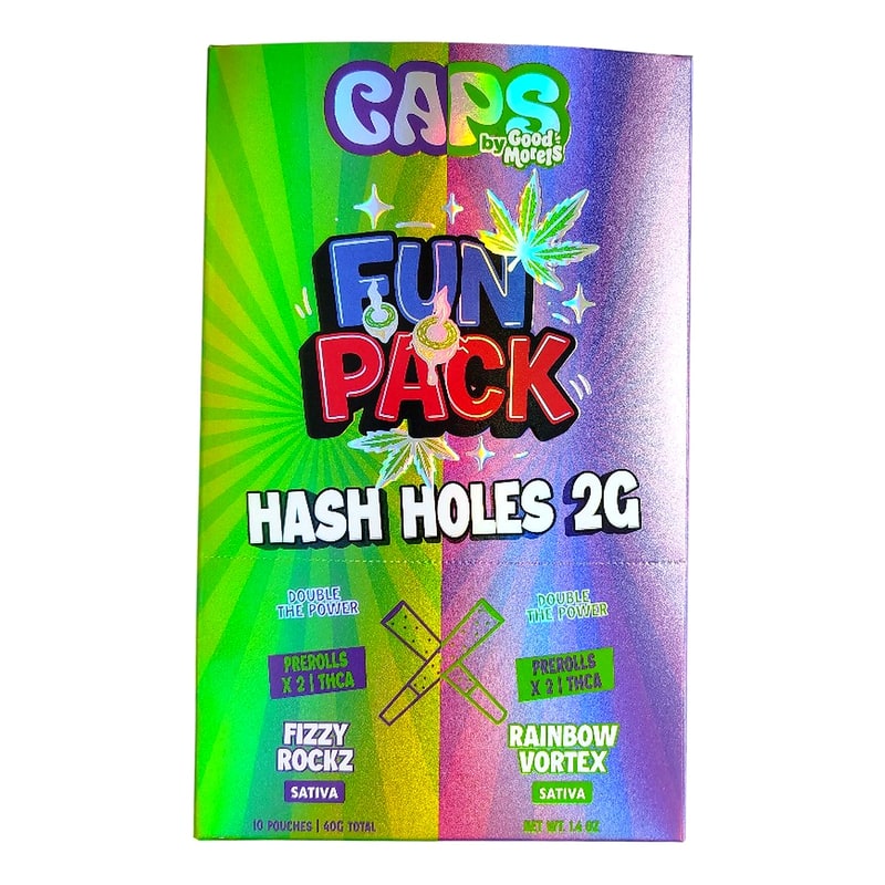 Caps Fun Pack THC-A Hash Hole 2g Pre-Roll 2pk 10ct Box-Sativa-Fizzy Rockz/Rainbow Vortex