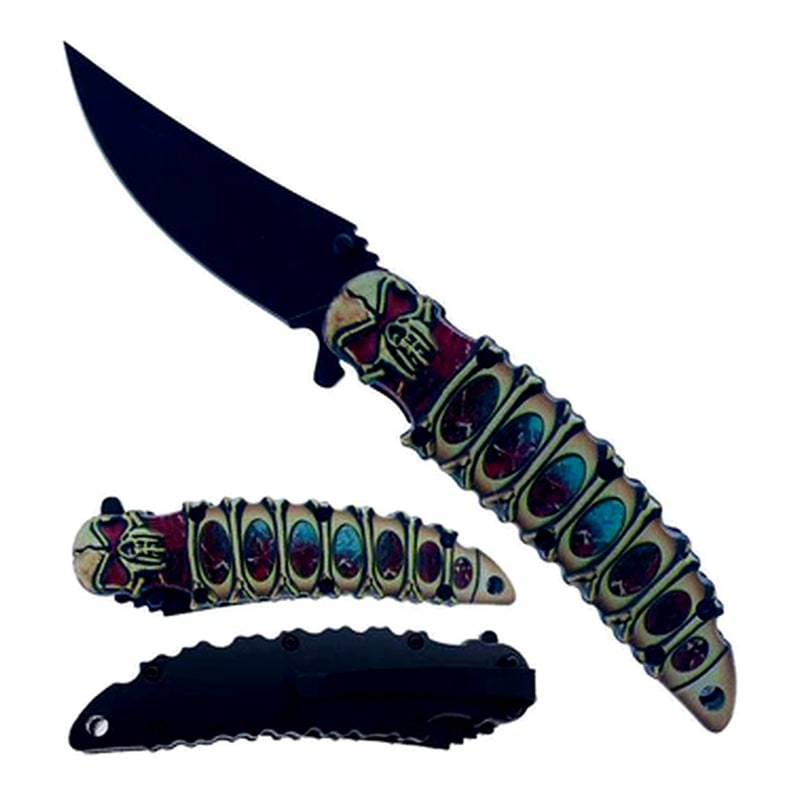 Knife -KS1947RD Skull Handle Spring With Belt Clip Folding Knife