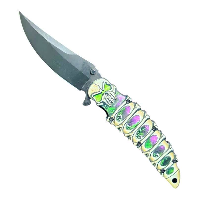 Knife -KS1947GN Green Skull Pocket Knife