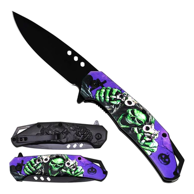 Knife -KS-1498GN Green Skull Folding Knife