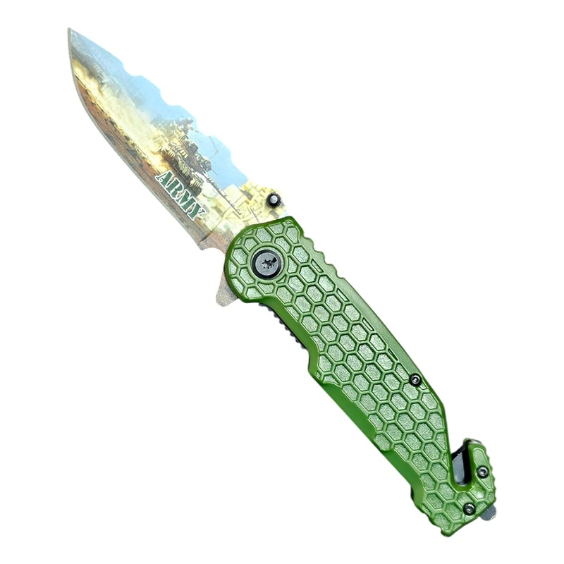 Knife -PK3164AR Green Handle Printed Blade Folding Knife