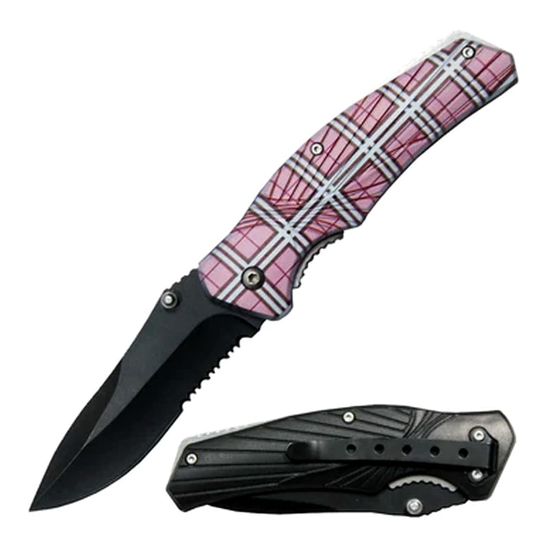 Knife -BBK3417RD Pink Handle Checker Design Pocket Knife