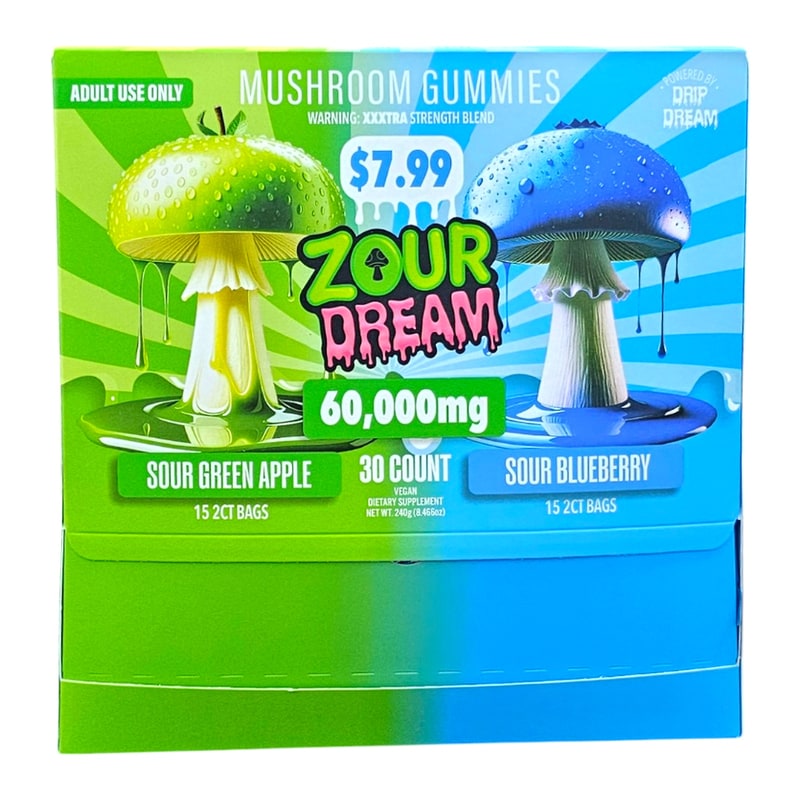 Zour Dream Mushroom Gummies 60000mg 30ct Box - Sour Green Apple/Sour Blueberry