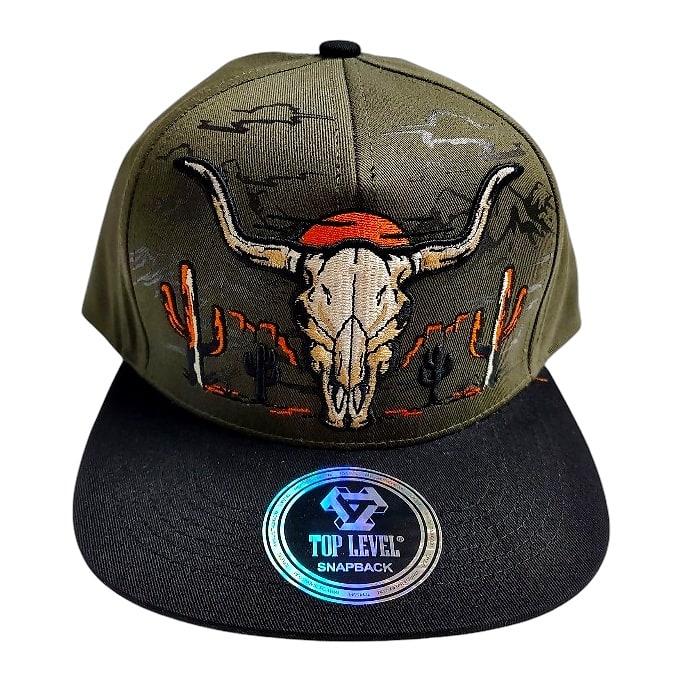 Hip-Hop Caps -Longhorn Skull Design Olive Freen