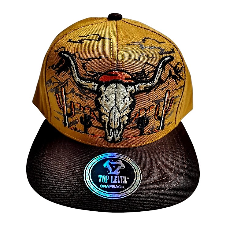 Hip-Hop Caps -Longhorn Skull Design Yellow-Gold