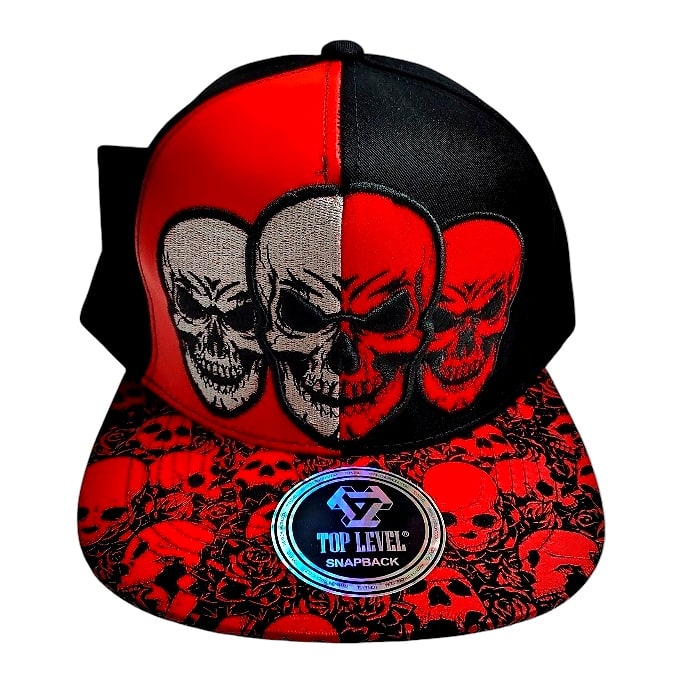 Hip-Hop Caps - 3 Skulls Design Red-Black