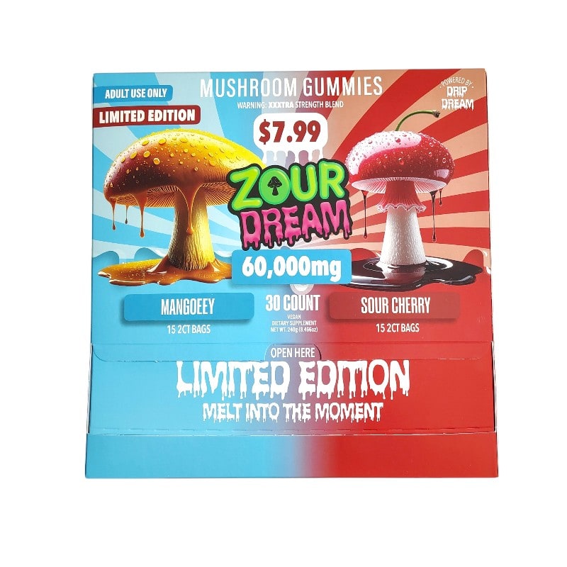 Zour Dream Mushroom Gummies 60000mg 30ct Box -Mangoeey/Sour Cherry