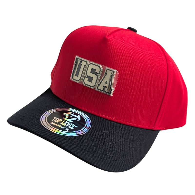 Hip-Hop Caps -USA Metallic Logo Red