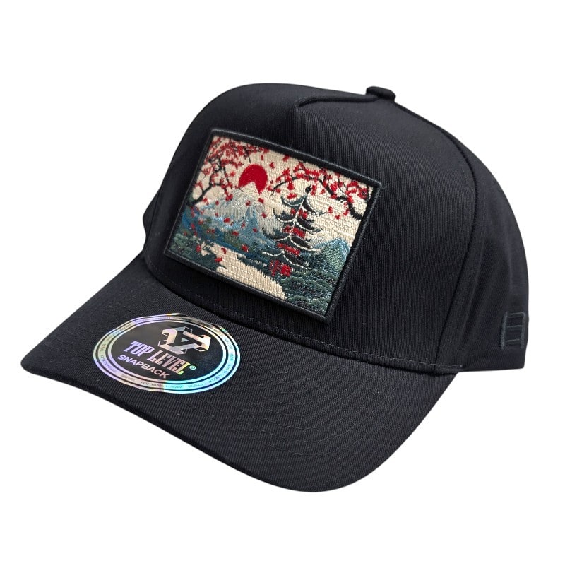 Hip-Hop Caps -Patch With Japanese Landscape Black