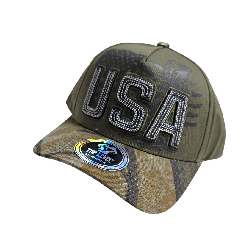 Hip-Hop Caps -USA Flag In Back Camouflage Green