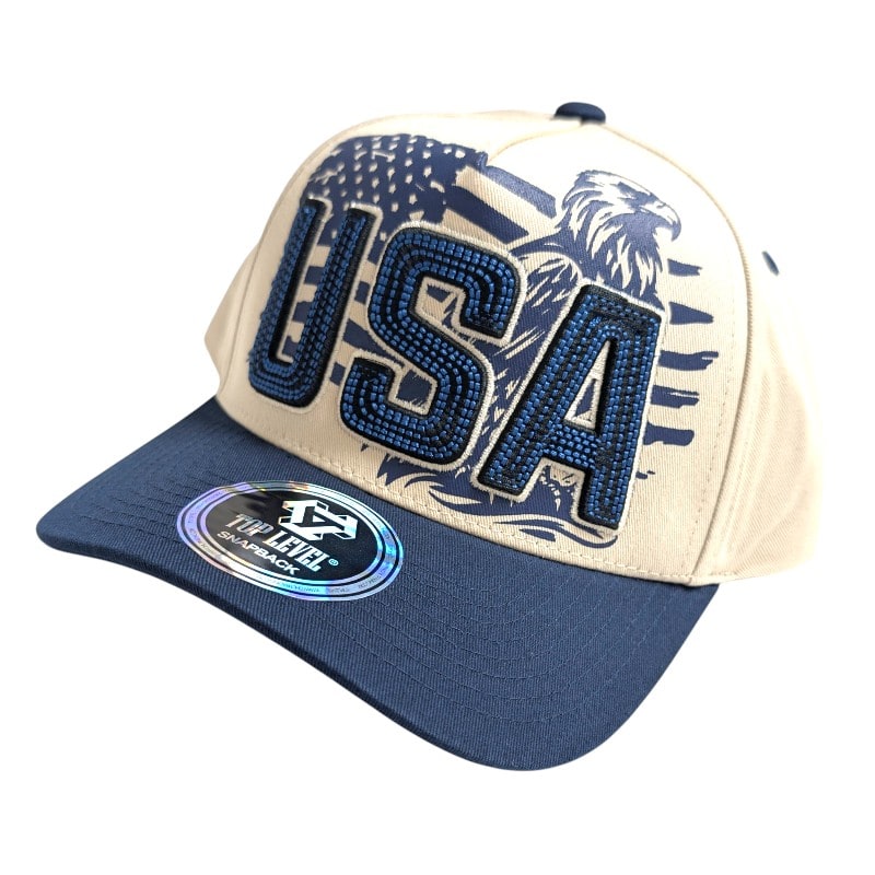 Hip-Hop Caps -USA Flag In Back Cream/Navy Blue