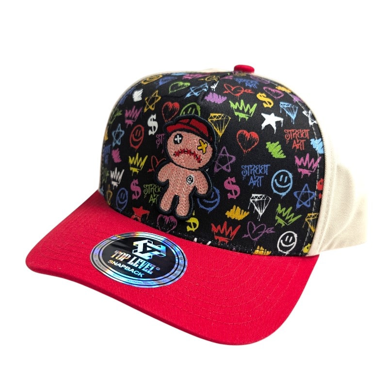 Hip-Hop Caps -Stitched Voodoo Doll Patch Cream/Red