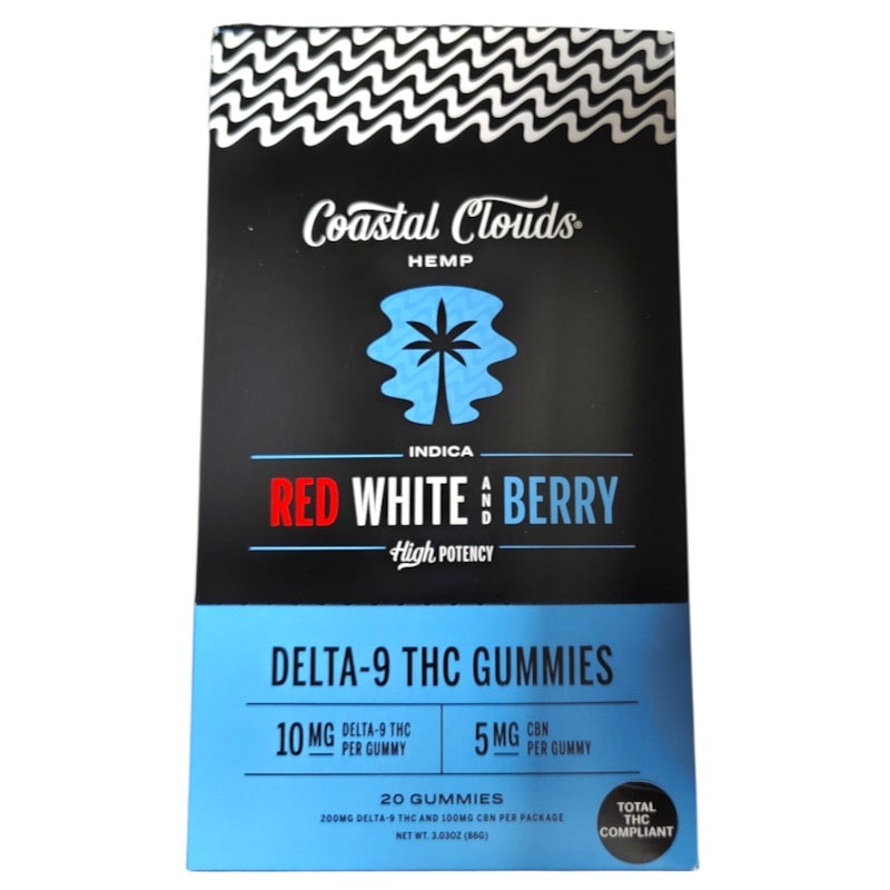 Coastal Clouds D9 THC Gummies 5mg 20pk 5ct Box-Indica-Red White Berry