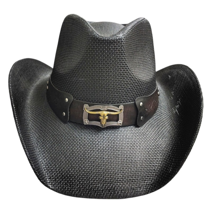 Cowboys Hats -Leather Band/ Longhorn Skull Patch Black