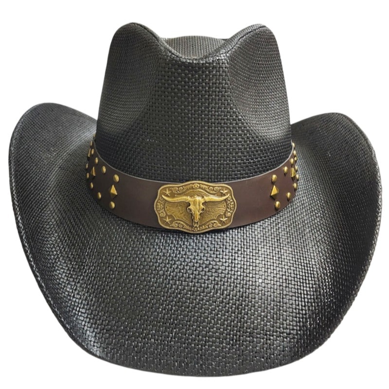 Cowboys Hats -Leather Band/ Brass Longhorn Skull Patch Black