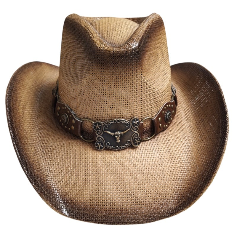 Cowboys Hats - Brown Leather Belt w/ Metalic Longhorn Bull Buckle