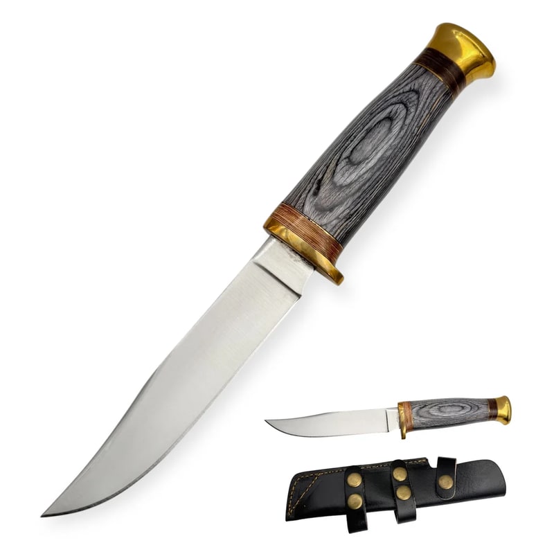 Knife -Hunting Knife Grey W/Leather Sheath