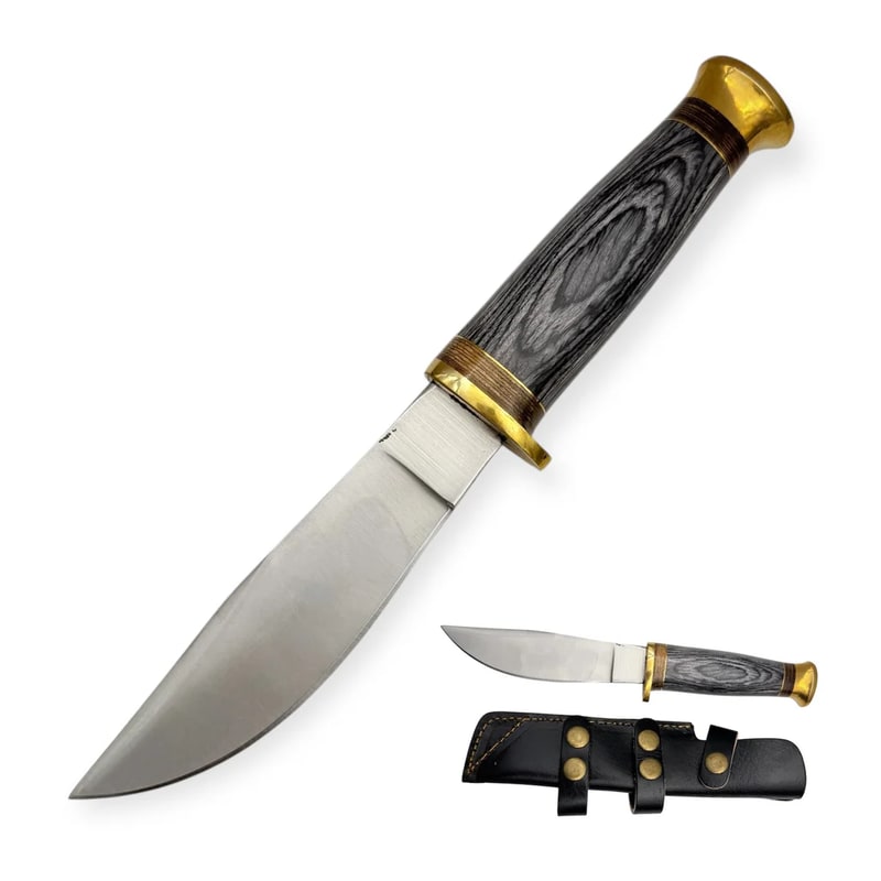 Knife - Hunting Knife Dark Grey W/Leather Sheath