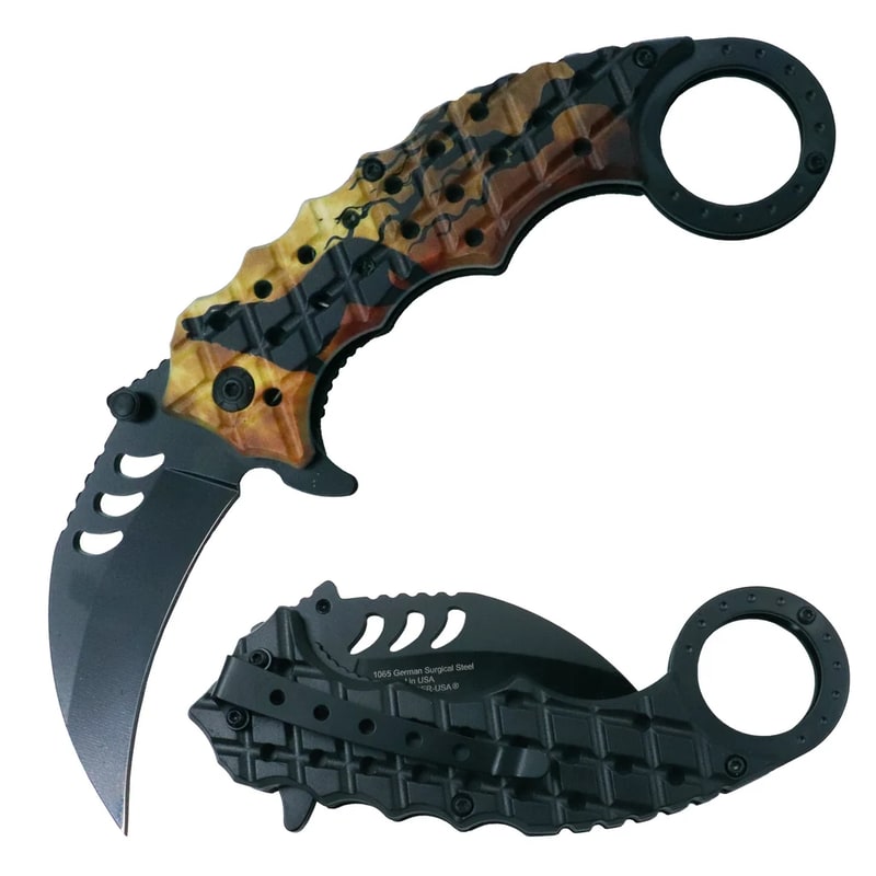 Knife - Black Blade & Design Folding Knife (SJ - 915 - WLF)