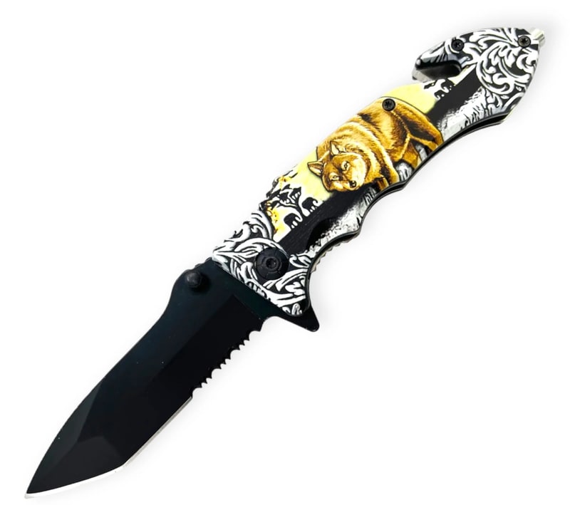 Knife - Spring Assisted Knife Tanto Yellow Black Wolf (SJ - 411 - WLF - H)