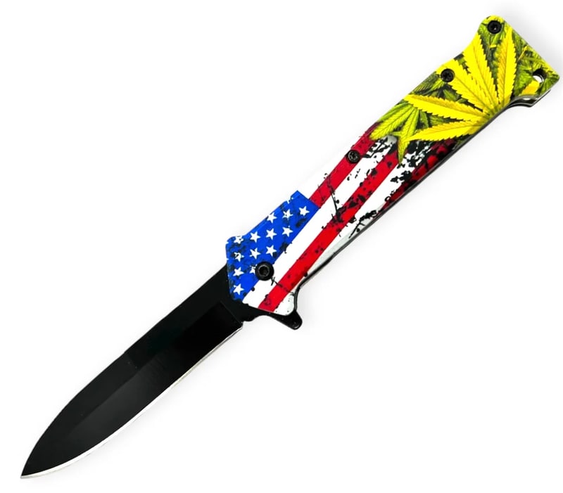 Knife - Spring Assisted American/Rasta Plant Knife (SJ - 406 - WL - 5)