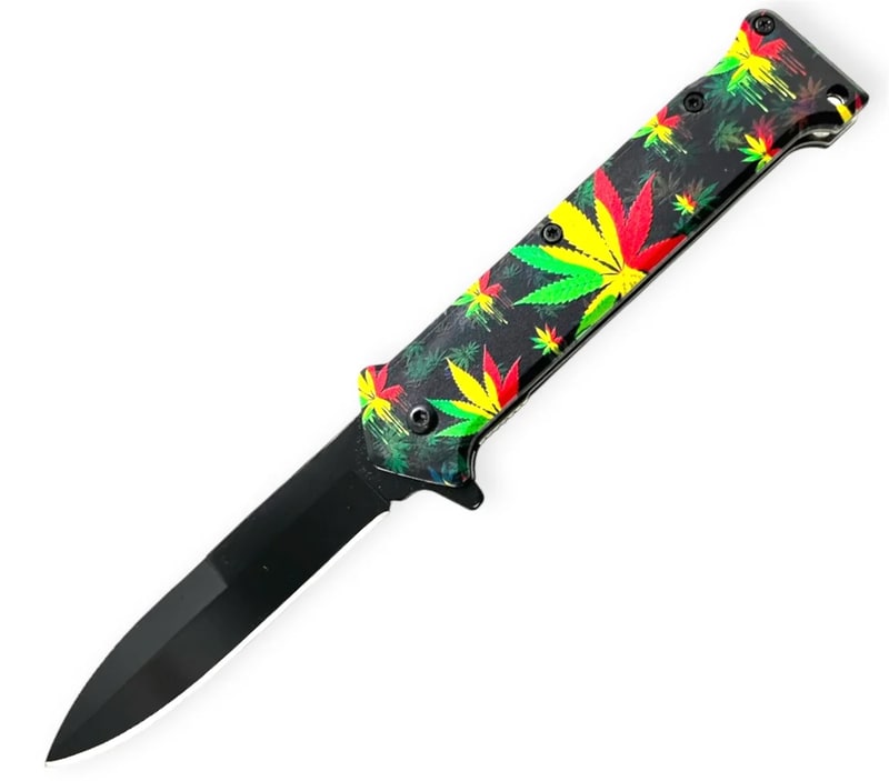 Knife -Spring Assisted Green/Yellow/Red Rasta Plant Knife (SJ-406-WL-4)