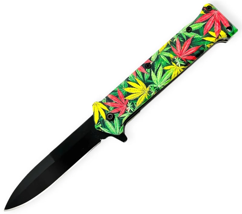 Knife -Spring Assisted Yellow/Red Rasta Plant Knife (SJ-406-WL-3)