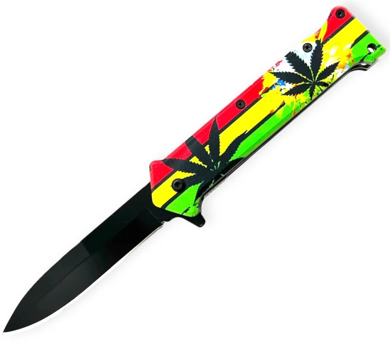 Knife - Spring Assisted 3 Color Rasta Plant Knife (SJ - 406 - WL - 1)
