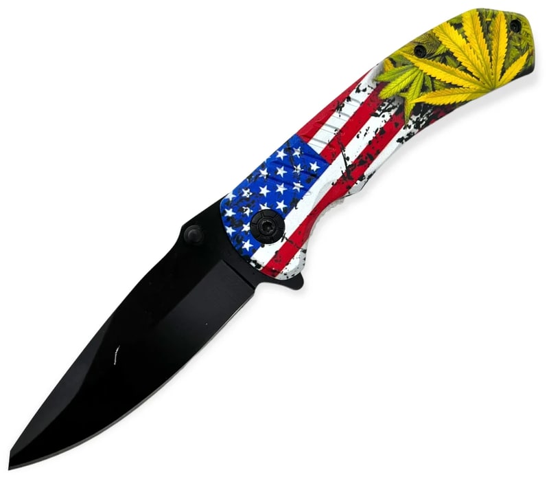 Knife - Spring Assisted USA Flag W/Rasta Plant Knife (SJ - 404 - WL - 6)