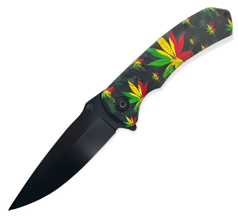 Knife - Spring Assisted Black Rasta Plant Knife (SJ - 404 - WL - 4)