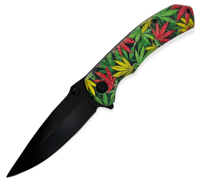 Knife - Spring Assisted Colorfull Rasta Plant Knife (SJ - 404 - WL - 3)