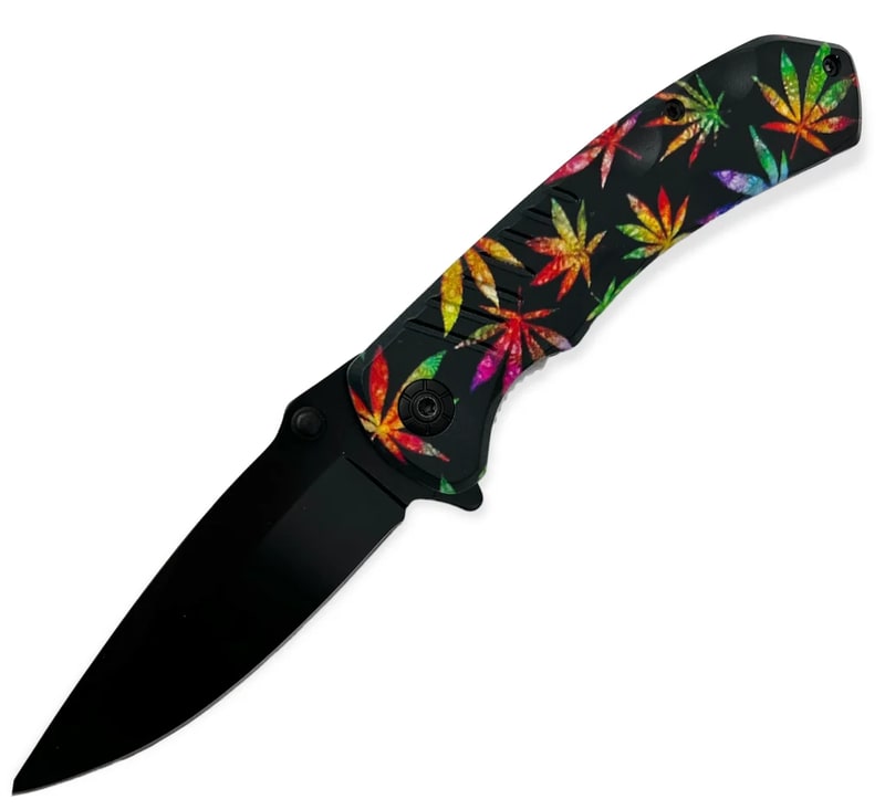 Knife -Spring Assisted Black Flower Rasta Plant Knife (SJ-404-WL-2)