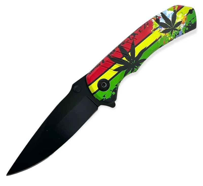 Knife - Spring Assisted Black Flower Rasta Plant Knife (SJ - 404 - WL - 1)