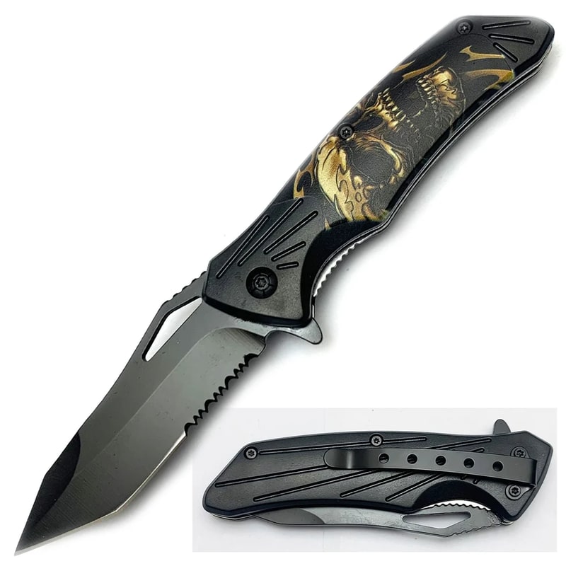 Knife - Spring Action Knife Beige Skull (SJ - 402 - J)