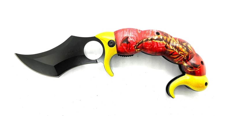 Knife - Spring Assisted Scorpion Tail Red and Yellow Knife (SJ - 1036 - GS - C)