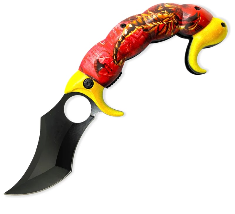 Knife - Spring Assisted Scorpion Tail Red and Yellow Knife (SJ - 1036 - GS - D)