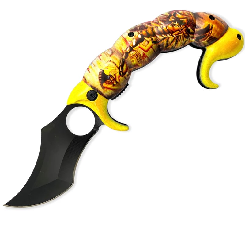 Knife - Spring Assisted Scorpion Tail Yellow Knife (SJ - 1036 - GS - A)