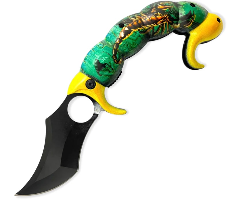 Knife - Spring Assisted Scorpion Tail Green & Yellow Knife (SJ - 1036 - GS - B)