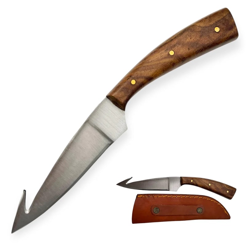 Knife -Hut Hook Hunting Knife Wood Handle W/Sheath