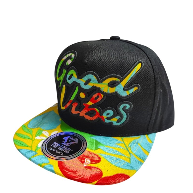 Hip - Hop Caps - Good Vibes Patch W/Flora Design on Brim Black