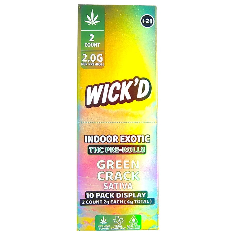 Wick'D Indoor Exotic THC Pre - Rolls 2pk 10ct Box - Sativa - Green Crack