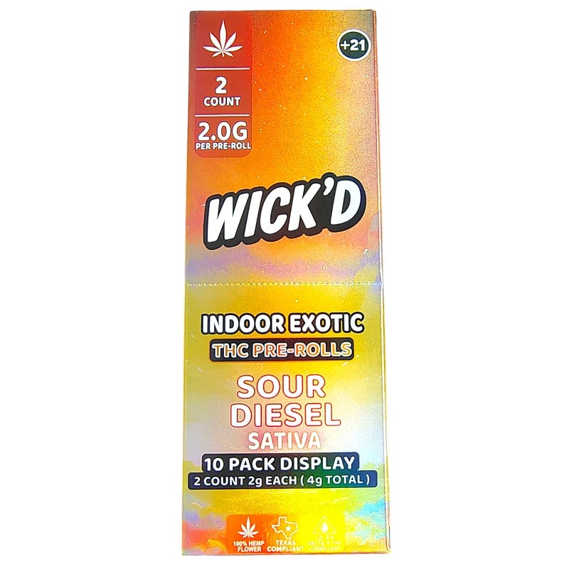 Wick'D Indoor Exotic THC Pre - Rolls 2pk 10ct Box - Sativa - Sour Diesel