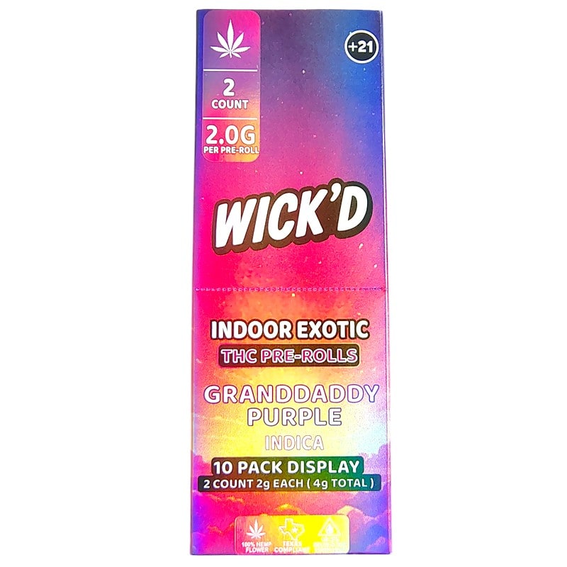 Wick'D Indoor Exotic THC Pre - Rolls 2pk 10ct Box - Indica - Granddaddy Purple