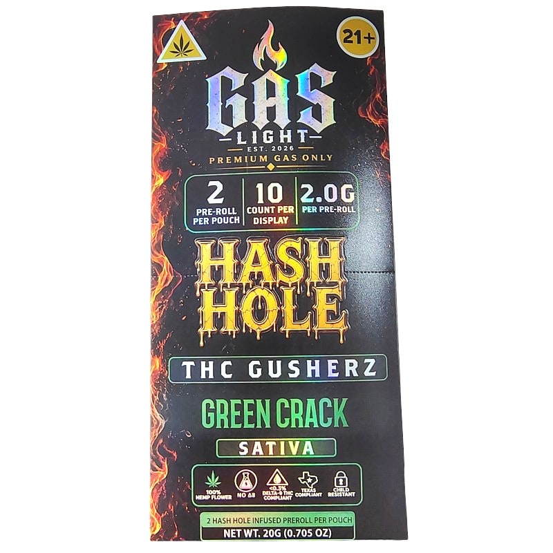 Gas Light Hash Hole THC Pre - Rolls 2g 2pk 10ct Box - Sativa - Green Crack
