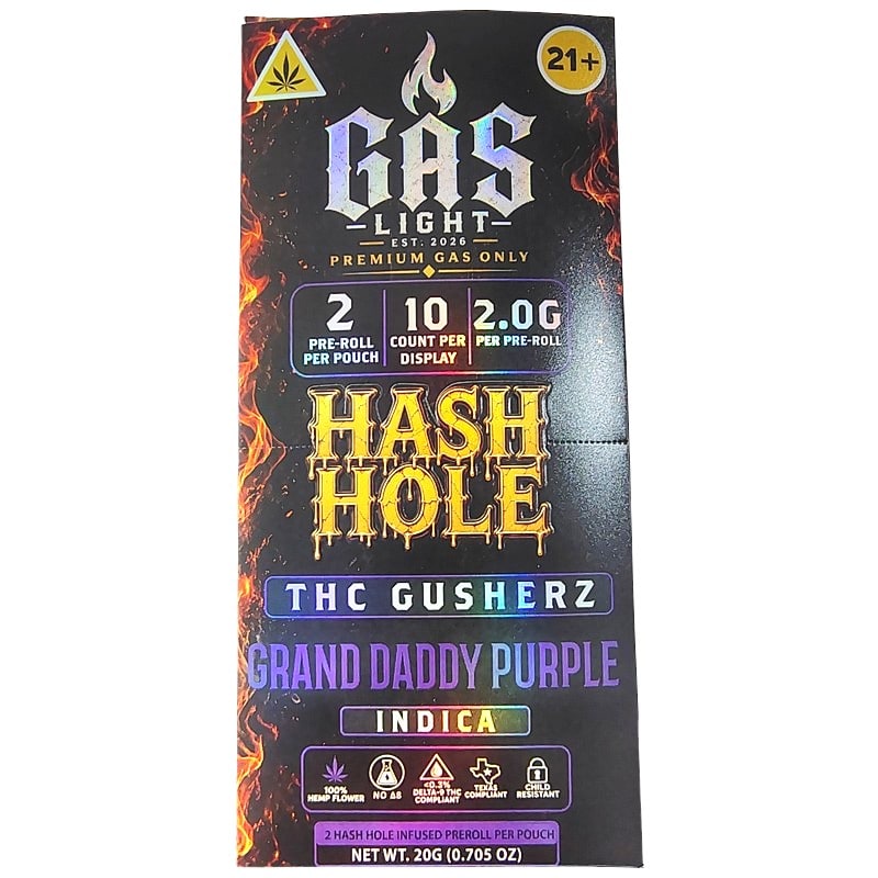 Gas Light Hash Hole THC Pre - Rolls 2g 2pk 10ct Box - Indica - Grand Daddy Purple