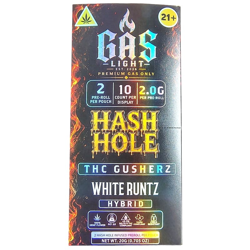 Gas Light Hash Hole THC Pre - Rolls 2g 2pk 10ct Box - Hybrid - White Runtz